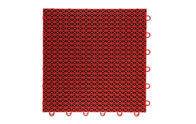Profile cross-section view of a 305×305×15.8mm double-layer diamond PP sports tile showing the two-plane diamond layer structure and the dimensional precision of the four-point injection molded 15.8mm tile body, for basketball, volleyball, and badminton court installation.