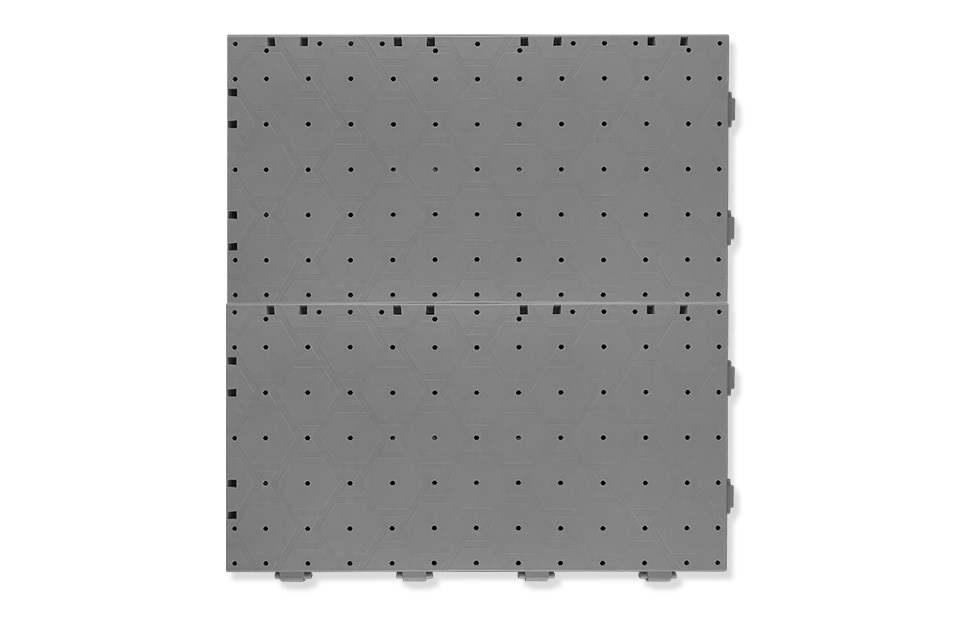 Close-up of the shaft snap joint and concealed groove design connection mechanism on a 60×33×3cm load-bearing PP lawn protection event tile, showing the recessed joint profile that keeps connection hardware unexposed at the tile surface for safe event foot traffic and equipment access, with a >15 tons/m² bearing capacity rating per GB/T 24508-2020.