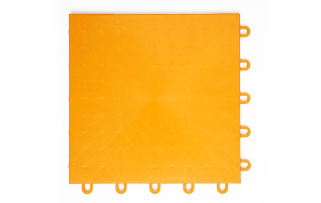 Profile and underside view of a 305×305×13mm PP rubber composite indoor sports tile showing the elastic rubber base layer and equilateral triangular support structure, illustrating the two-material composite construction that delivers ankle joint protection and vertical impact cushioning for indoor court sports use.
