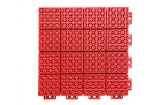 Installed 300×300×13mm soft connection PP interlocking sports tiles on an indoor basketball court or multi-sport venue floor, showing full-coverage large-area modular installation with consistent different-sized block surface pattern, uniform joint alignment, and no surface buckling or warping across the court area.