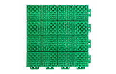 Top-down view of a 300×300×13mm soft connection polypropylene interlocking sports tile showing the combination of different-sized blocks surface pattern, designed for anti-slip performance and thermal expansion management across large-area basketball court, badminton court, and kindergarten activity area installations.