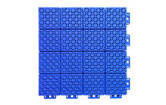 Profile view of a 300×300×13mm soft connection PP interlocking sports tile showing the four-point injection molding structural geometry and semi-soft PP copolymer material construction, illustrating the dimensional precision and enhanced elasticity of the tile body for sports surface safety and fall protection.