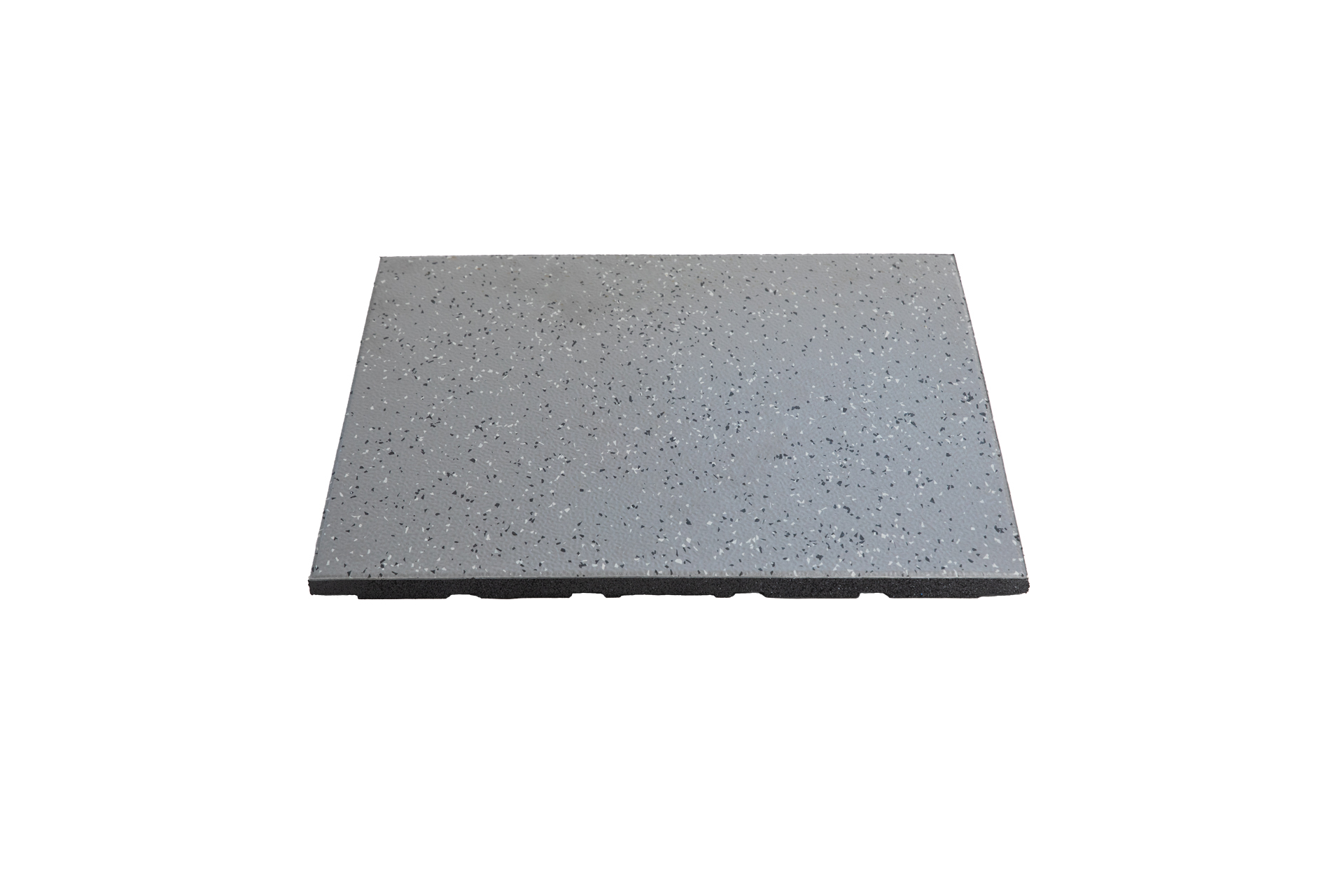 Installation view of YC-PMU+ lightweight composite elastic rubber floor mats being laid in a commercial gym or gymnasium space, showing the 500×500mm or 1000×1000mm tile layout pattern, mat-to-mat joint alignment, and the granite pattern surface across an open workout floor zone with 20–30mm thickness providing shock absorption for training activity.