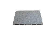 Installation view of YC-PMU+ lightweight composite elastic rubber floor mats being laid in a commercial gym or gymnasium space, showing the 500×500mm or 1000×1000mm tile layout pattern, mat-to-mat joint alignment, and the granite pattern surface across an open workout floor zone with 20–30mm thickness providing shock absorption for training activity.