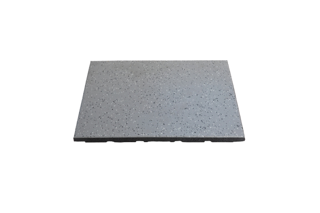Installation view of YC-PMU+ lightweight composite elastic rubber floor mats being laid in a commercial gym or gymnasium space, showing the 500×500mm or 1000×1000mm tile layout pattern, mat-to-mat joint alignment, and the granite pattern surface across an open workout floor zone with 20–30mm thickness providing shock absorption for training activity.