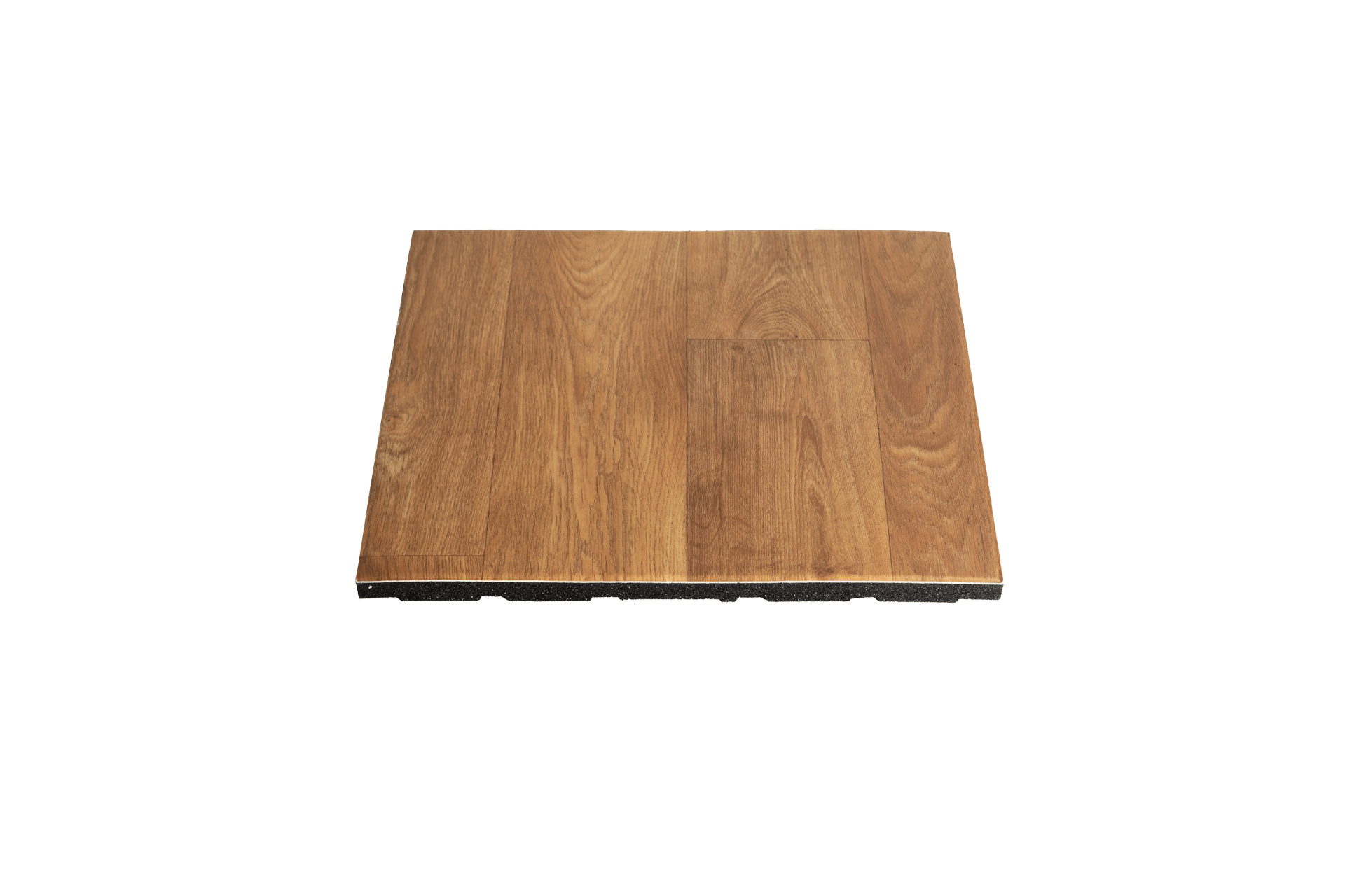 Installation view of YC-PMU wood grain lightweight composite rubber floor mats being laid in a home gym or premium residential fitness room, showing the tile layout pattern with 500×500mm or 1000×1000mm units and the wood grain surface integrating with the surrounding residential interior floor finish at 20–30mm thickness for shock absorption and noise reduction.