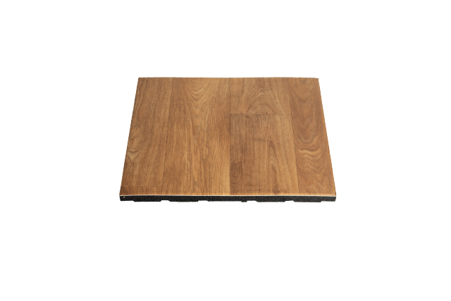 Installation view of YC-PMU wood grain lightweight composite rubber floor mats being laid in a home gym or premium residential fitness room, showing the tile layout pattern with 500×500mm or 1000×1000mm units and the wood grain surface integrating with the surrounding residential interior floor finish at 20–30mm thickness for shock absorption and noise reduction.