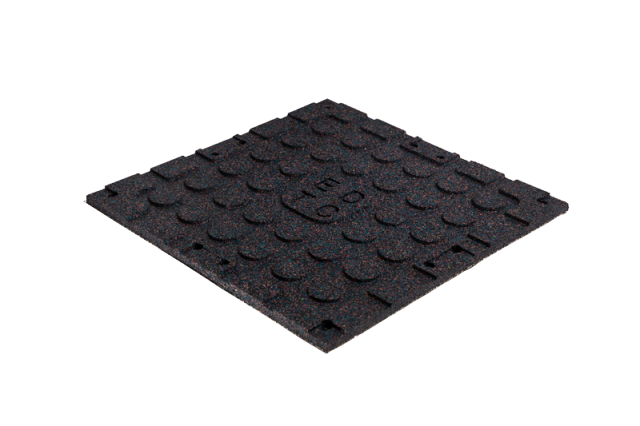 Front view of the YC-PMU+ lightweight composite elastic rubber floor mat in 500×500mm or 1000×1000mm tile format showing the granite pattern surface design and 20/25/30mm thickness profile, designed for commercial gym, home gym, and gymnasium matting installations with confirmed shock-absorbing capability and 10% weight reduction versus conventional rubber gym mat equivalents.