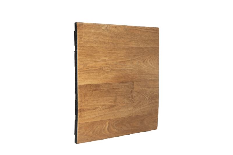 Front view of the YC-PMU lightweight composite elastic rubber floor mat with wood grain surface design in 500×500mm or 1000×1000mm tile format at 20/25/30mm thickness, showing the wood-effect surface pattern and 10% weight-reduced rubber construction for home gym, premium fitness room, and residential living space flooring applications.