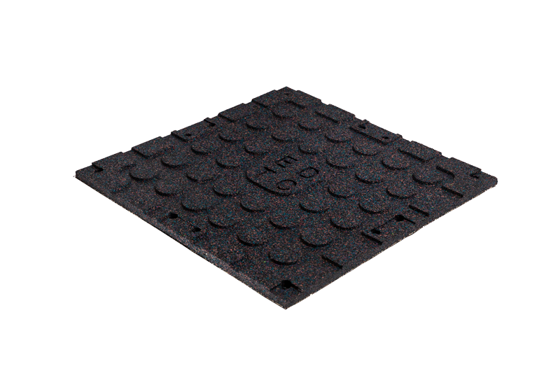 Front view of the YC-PMP lightweight composite elastic rubber floor mat in 500×500mm or 1000×1000mm tile format showing the surface finish and tile profile at 15/20/25/30mm thickness options, designed for home gym, fitness training room, and shock-absorbing area flooring installations with 10% weight reduction and confirmed shock-absorbing capability.