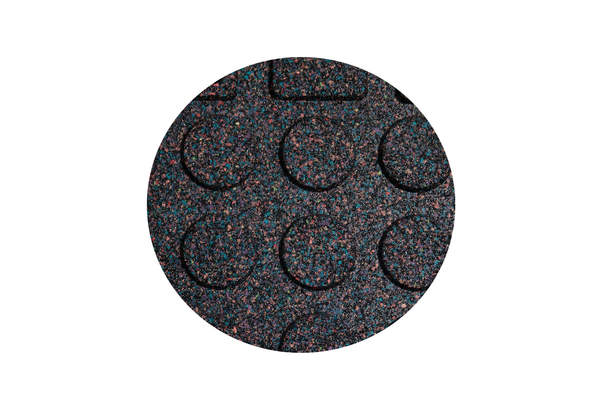 Close-up detail of the granite pattern surface texture on the YC-PMU+ lightweight composite rubber floor mat, showing the wear-concealing surface design that maintains visual consistency under high-traffic commercial gym use from footwear abrasion and training equipment movement, available in 500×500mm and 1000×1000mm tile formats at 20mm, 25mm, and 30mm thickness options.