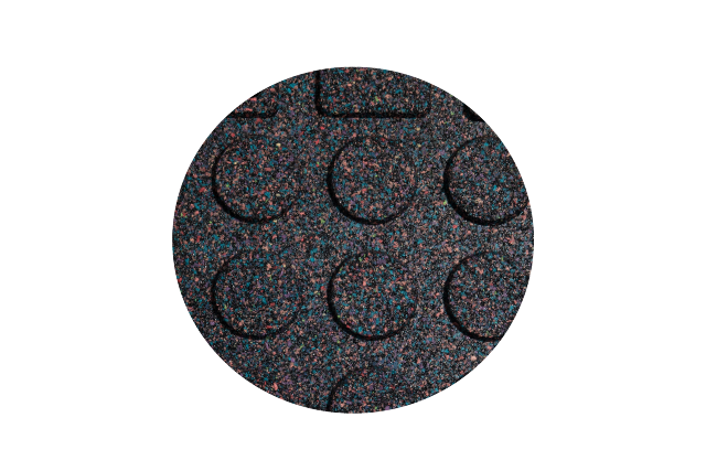 Close-up detail of the granite pattern surface texture on the YC-PMU+ lightweight composite rubber floor mat, showing the wear-concealing surface design that maintains visual consistency under high-traffic commercial gym use from footwear abrasion and training equipment movement, available in 500×500mm and 1000×1000mm tile formats at 20mm, 25mm, and 30mm thickness options.