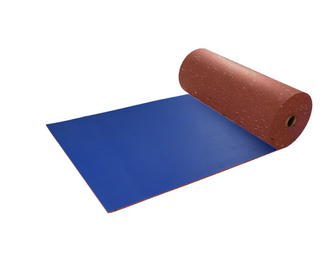 Homopolymer surface rubber floor roll in multi-layer integrated construction showing dense non-porous top surface, non-slip texture, and rolled format for gym flooring, anti-skid protection, and composite product surface material applications