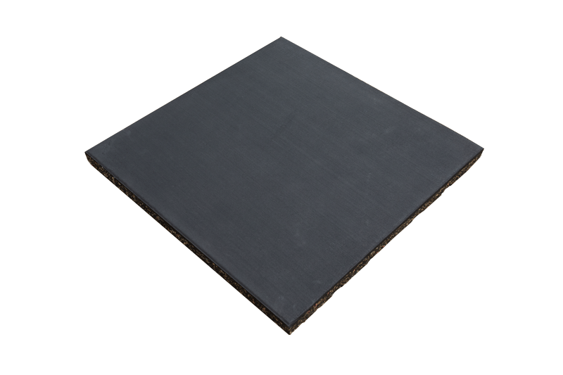 Composite elastic rubber mat in full square geometric perspective showing the 500×500 mm or 1000×1000 mm modular block layout, dual-layer construction profile, and interlocking edge configuration for commercial gym, garage, or exhibition hall floor installation.