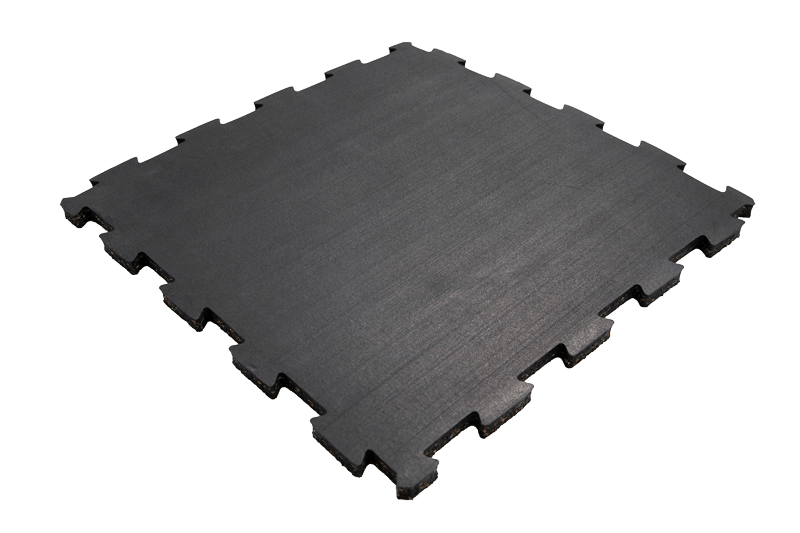 Composite elastic interlocking rubber mat in full square geometric perspective showing the modular 485×485 mm or 985×985 mm profile, dual-layer construction, and interlocking edge configuration for commercial gym, skating rink, or exhibition hall floor installation.