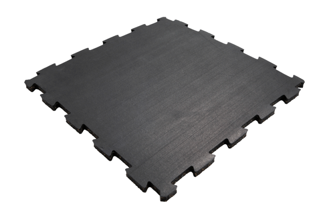 Composite elastic interlocking rubber mat in full square geometric perspective showing the modular 485×485 mm or 985×985 mm profile, dual-layer construction, and interlocking edge configuration for commercial gym, skating rink, or exhibition hall floor installation.