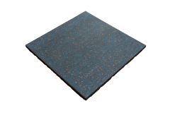 Composite elastic rubber mat (full color) in complete geometric perspective showing the full-color EPDM surface modular square configuration, dual-layer construction profile, and interlocking edge detail for commercial gym, playground, and exhibition hall floor installation.
