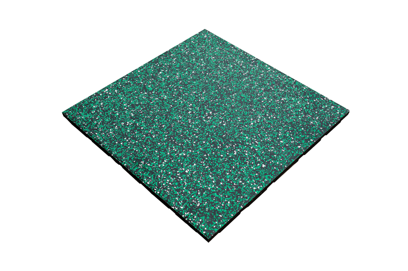High-magnification cross-sectional engineering view of the composite elastic rubber mat showing the 70–80% full-color EPDM surface layer interface with the SRS rubber particle buffer and base layer, highlighting dual-layer composite structure for heavy equipment load and shock absorption applications.