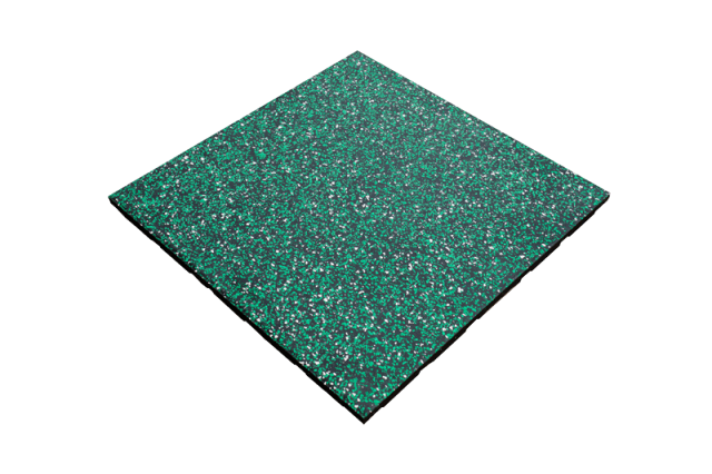 High-magnification cross-sectional engineering view of the composite elastic rubber mat showing the 70–80% full-color EPDM surface layer interface with the SRS rubber particle buffer and base layer, highlighting dual-layer composite structure for heavy equipment load and shock absorption applications.