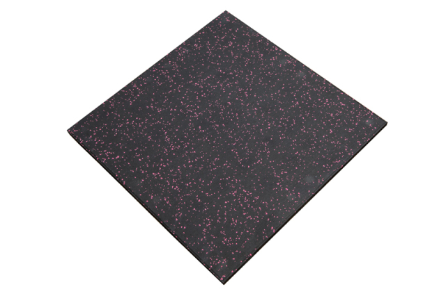 Ordinary elastic rubber mat (color dots) in full square geometric perspective showing the uniform modular block configuration, dual-layer construction profile, and color dot surface pattern for commercial gym, school playground, and indoor safety flooring installation.