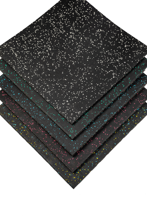 Cross-sectional engineering view of the composite elastic rubber mat bottom layer showing the SRS rubber particle composition, high-density particle matrix structure, and dual-layer interface with the rotary-cut coil surface for impact-absorbing commercial floor deployment.
