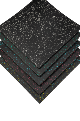 Cross-sectional engineering view of the composite elastic rubber mat bottom layer showing the SRS rubber particle composition, high-density particle matrix structure, and dual-layer interface with the rotary-cut coil surface for impact-absorbing commercial floor deployment.