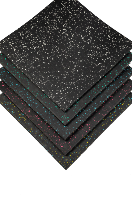 Cross-sectional engineering view of the composite elastic rubber mat bottom layer showing the SRS rubber particle composition, high-density particle matrix structure, and dual-layer interface with the rotary-cut coil surface for impact-absorbing commercial floor deployment.