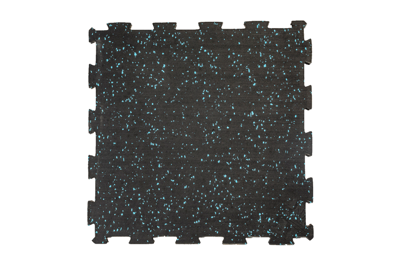 Cross-section structural detail of the composite elastic rubber mat SRS rubber particle base layer, showing high-density particle composition and the dual-layer interface with the rotary-cut coil surface for impact-absorbing commercial flooring applications.