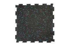 Cross-section structural detail of the composite elastic rubber mat SRS rubber particle base layer, showing high-density particle composition and the dual-layer interface with the rotary-cut coil surface for impact-absorbing commercial flooring applications.