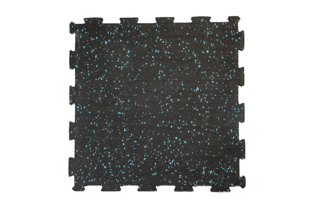 Cross-section structural detail of the composite elastic rubber mat SRS rubber particle base layer, showing high-density particle composition and the dual-layer interface with the rotary-cut coil surface for impact-absorbing commercial flooring applications.