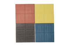 Tactile rubber paving brick in full 500×500 mm square geometric perspective showing the modular block profile, raised tactile surface pattern, and interlocking edge configuration for municipal sidewalk and pedestrian accessibility infrastructure installation.