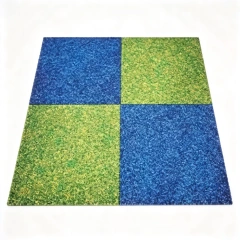 Colorful outdoor rubber tiles in modular 500×500mm and 1000×1000mm square formats, showing UV-stabilized EPDM surface layer in multiple colorway configurations, available in 15mm to 50mm structural thickness for municipal park, school playground, and public walkway procurement deployments.