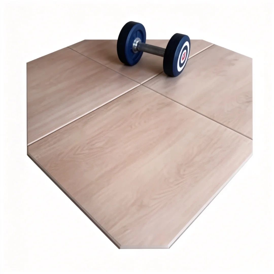 High-magnification surface detail of wood-grain rubber floor tile showing the high-definition printed pattern design and protective wear-resistant surface layer construction, illustrating scratch resistance and surface texture integrity under commercial foot traffic conditions.
