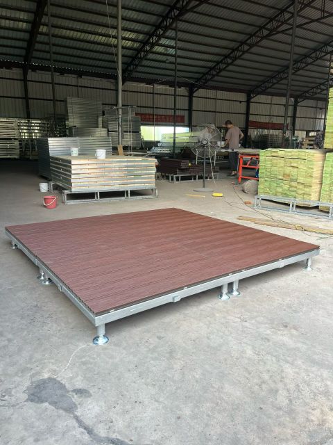 Complete modular wood floor platform with steel frame, outdoor installation