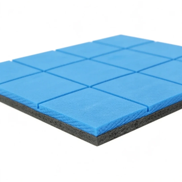 Full roll of blue-black composite shock pad showing double-layer structure