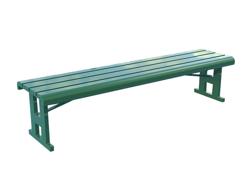 Front perspective view of the 1.8m 4-seat backless aluminum player bench showing the clean architectural finish and pre-drilled ground anchoring holes.