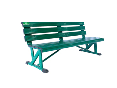 Front diagonal profile view of the 1.8m 4-seat ergonomic aluminum bench highlighting the architectural powder finish and integrated floor protective pads.