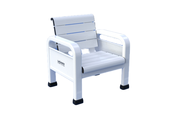 Profile view of the single white 822mm modular aluminum courtside chair showing its smooth powder-coated finish and anti-slip base plates.