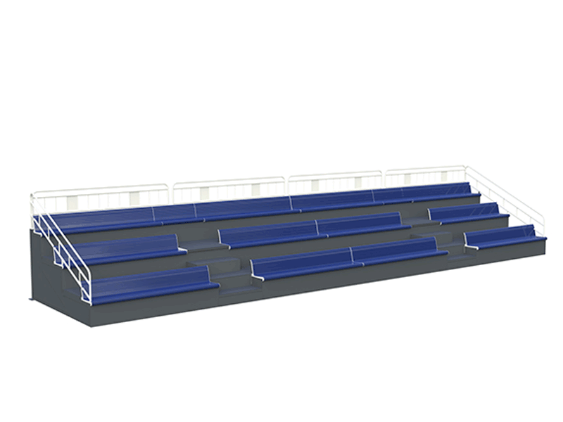 Overall view of the 3-tier aluminum grandstand with an integrated base frame showing rows of team-colored ergonomic spectator seats with backrests.