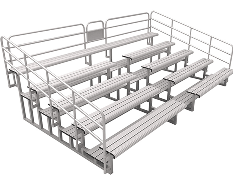 Front-diagonal perspective view of the 5-meter long, 5-tier modular gray aluminum grandstand showing the integrated center sidewalk, symmetrical seating rows, and 1100mm safety guardrails.