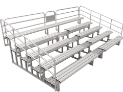 Front-diagonal perspective view of the 5-meter long, 5-tier modular gray aluminum grandstand showing the integrated center sidewalk, symmetrical seating rows, and 1100mm safety guardrails.