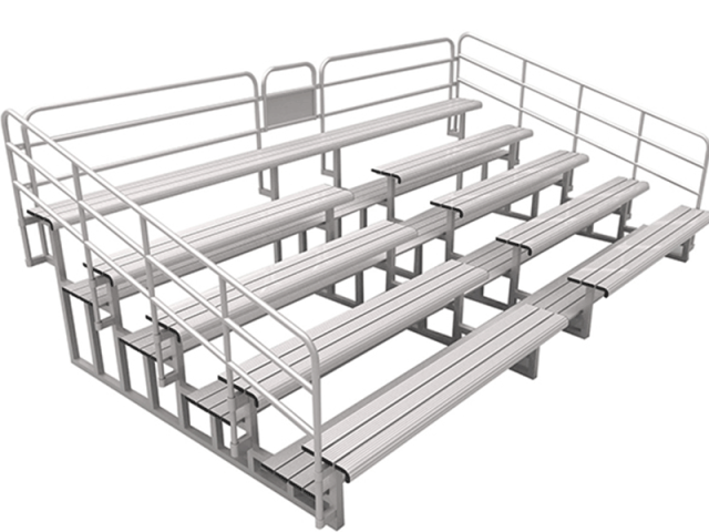 Front-diagonal perspective view of the 5-meter long, 5-tier modular gray aluminum grandstand showing the integrated center sidewalk, symmetrical seating rows, and 1100mm safety guardrails.