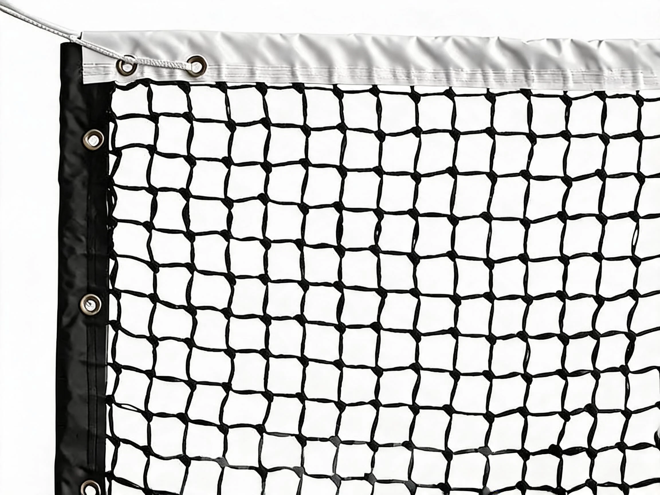 Full view of the 12.7m black full double-layer woven PE tennis net set up with a white lock-stitched PVC headband and centered adjustable ground strap.