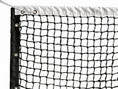 Full view of the 12.7m black full double-layer woven PE tennis net set up with a white lock-stitched PVC headband and centered adjustable ground strap.
