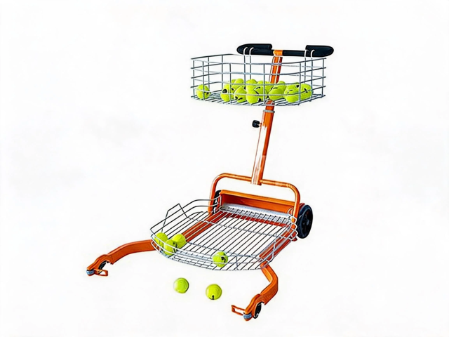 Profile view of the red structural aluminum mechanical tennis ball picker cart with a 200-ball capacity being pushed smoothly across a hard court surface.