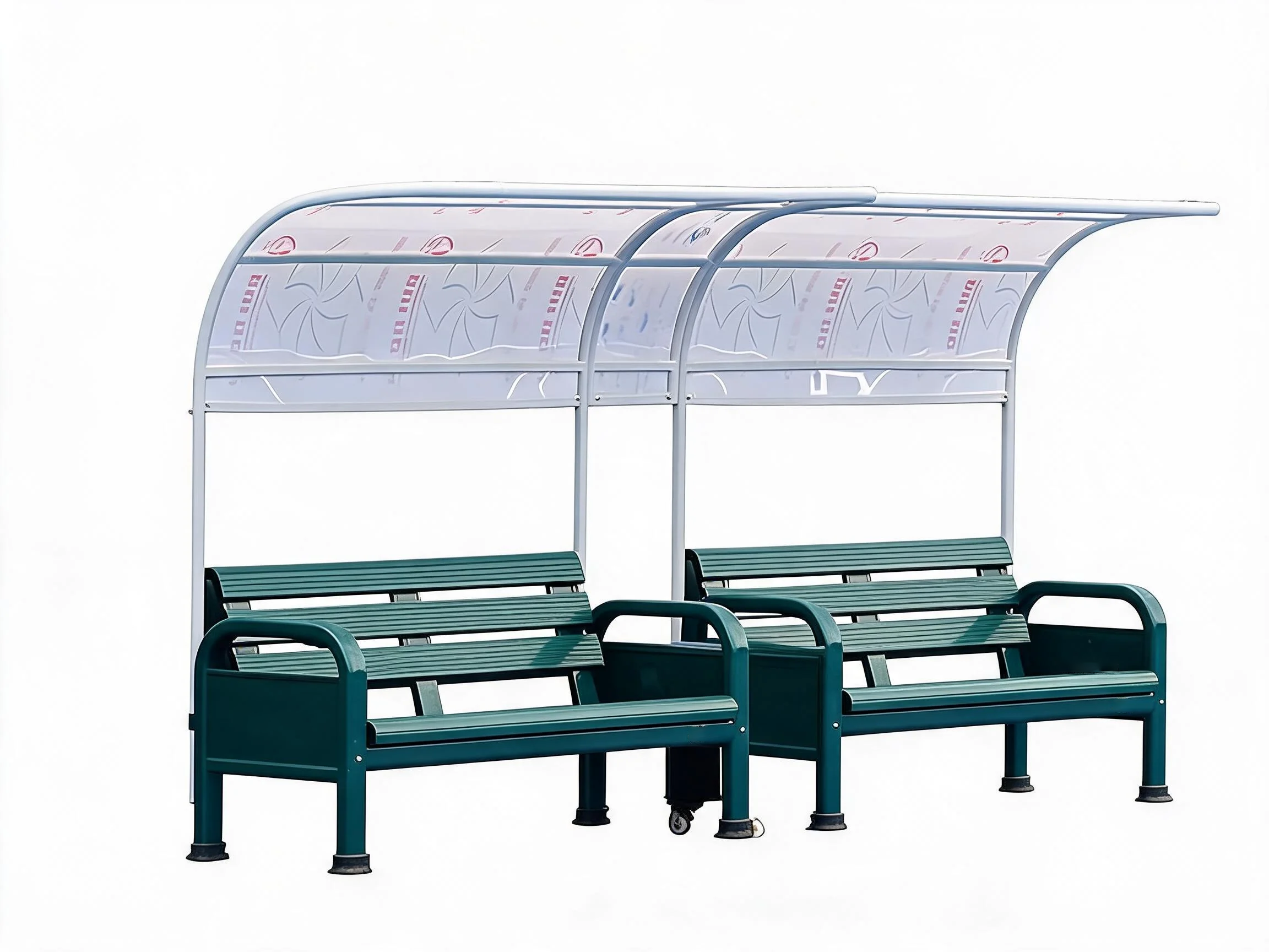 Full perspective view of the 4.44m tournament dark green aluminum courtside lounge system showing the two TP-068 luxury chairs, central table, storage bucket, and canopy framework.