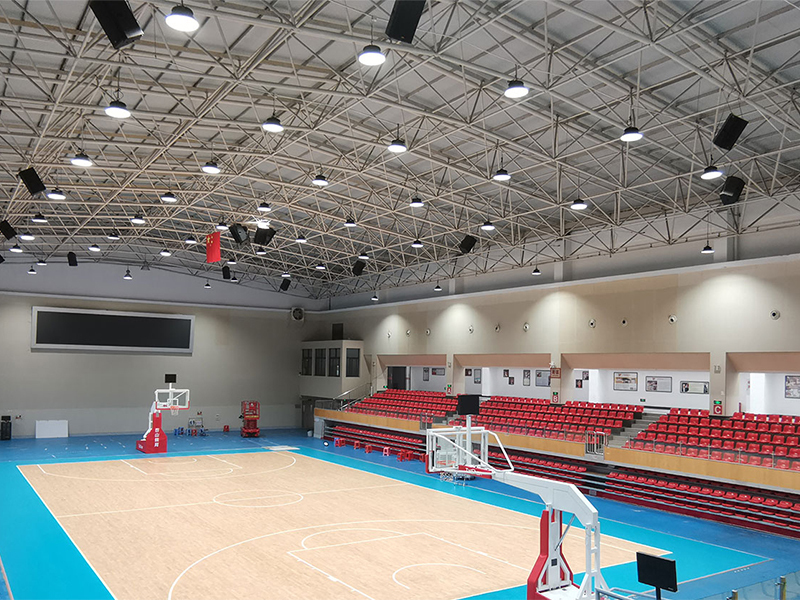Rear view of HDL-150W LED sports lighting fixture showing finned heat dissipation structure on die-casting molded lamp body, air circulation outlet detail, internal recessed body design for outdoor athletic field installation.