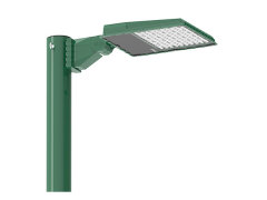 Profile view of the tournament dark green GFL series LED sports floodlight mounted securely on a pole bracket, showcasing the matrix-arranged PC lens and the robust angle adjustment hinge.