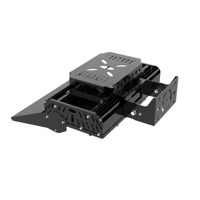 Rear and side view of a 300–340W LED tennis court light showing the 6063-T5 aviation aluminum heatsink fin array and electroplated housing surface, illustrating the thermal dissipation structure that maintains LED junction temperature within rated limits and supports the 50,000+ hour lifespan and < annual lumen decay specification under continuous outdoor sports facility operating conditions.