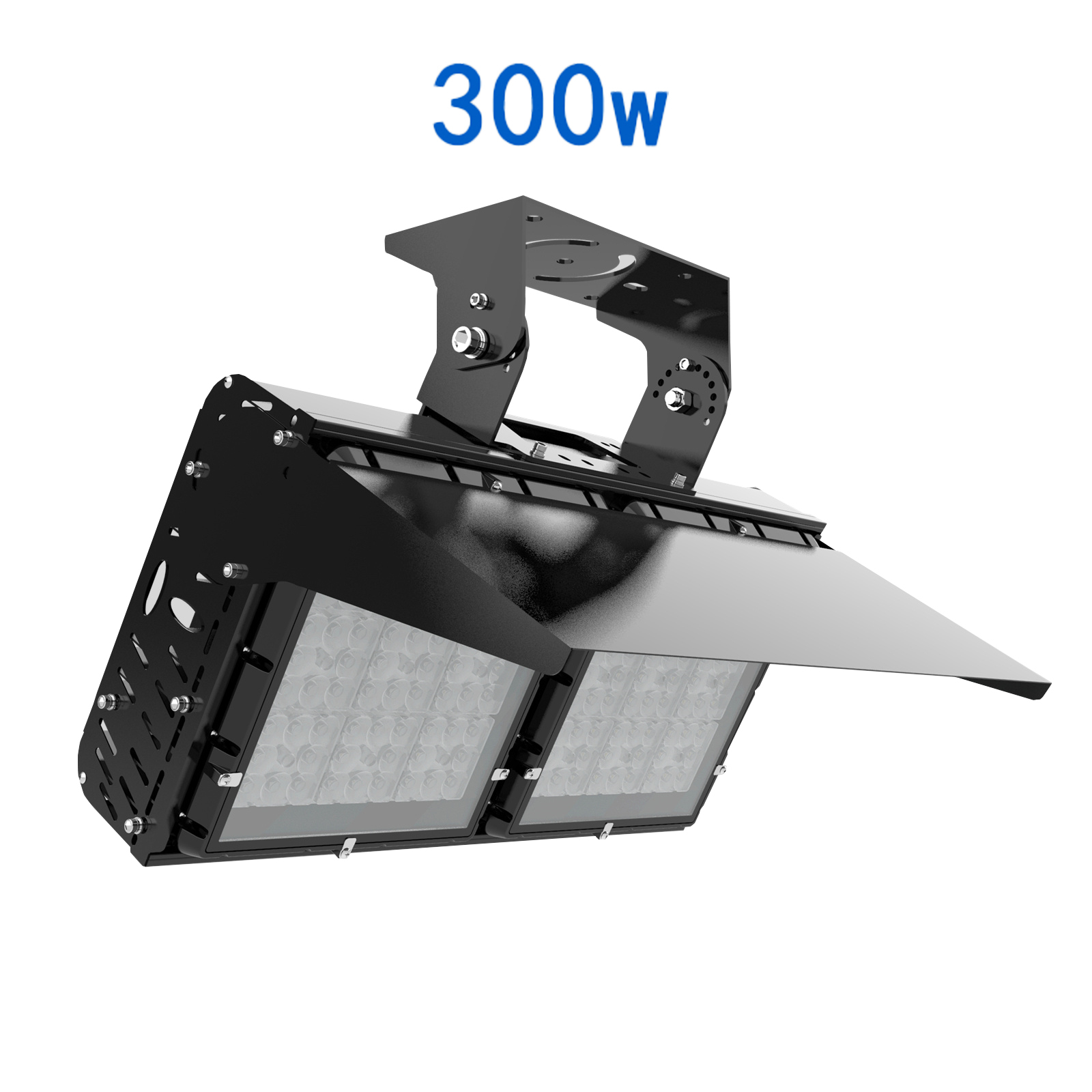 Front view of the FSQM-300Z indoor tennis facility lighting fixture in the 150–500W range showing the asymmetric LED optical array and glare control housing, designed for side mounting at ≥9m height on indoor tennis courts at 300–1000lx operational modes for recreational, training, competition, and broadcast applications.